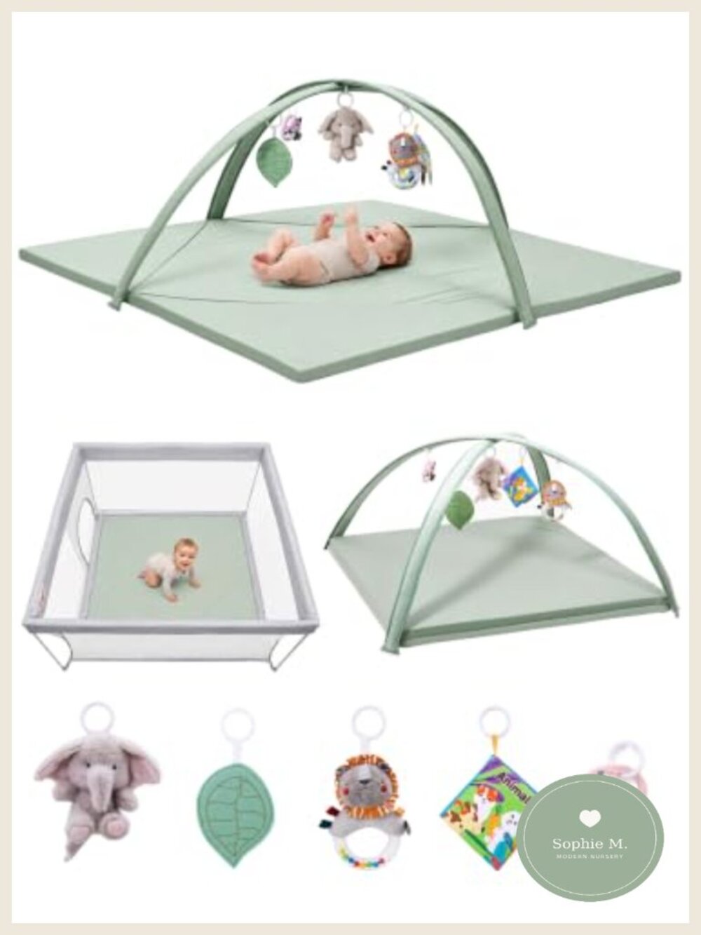 All in One Baby Play Mat Tummy Time Gym 5 Sensory Toys Non-Slip